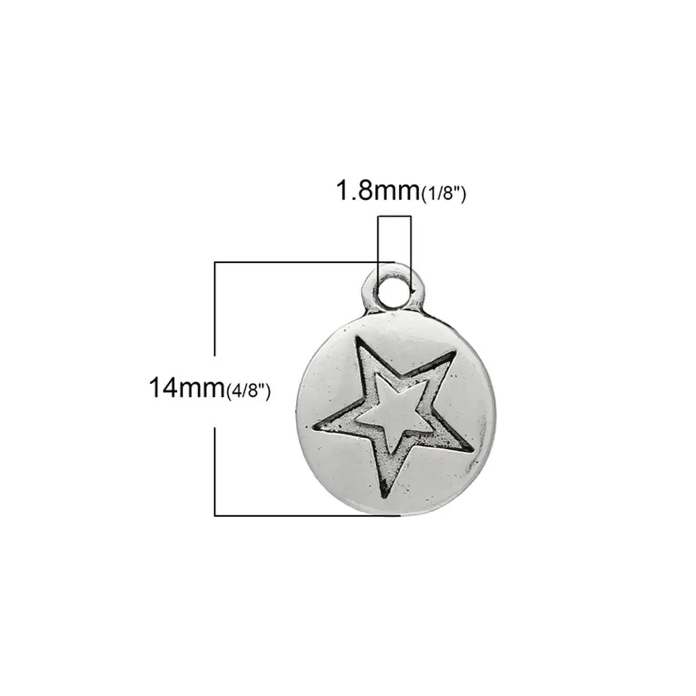 10 Pcs Tibetan Silver PENTAGRAM STAR CARVED ROUND DISC 14mm x 11mm Charms Pendants, Lead & Nickel Free Metal Charms Pendants Beads