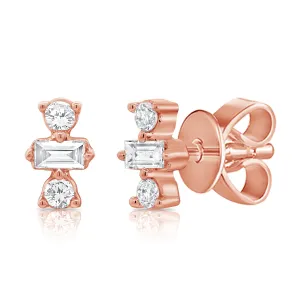 14K Rose Gold Round Baguette Diamond Stud Earrings