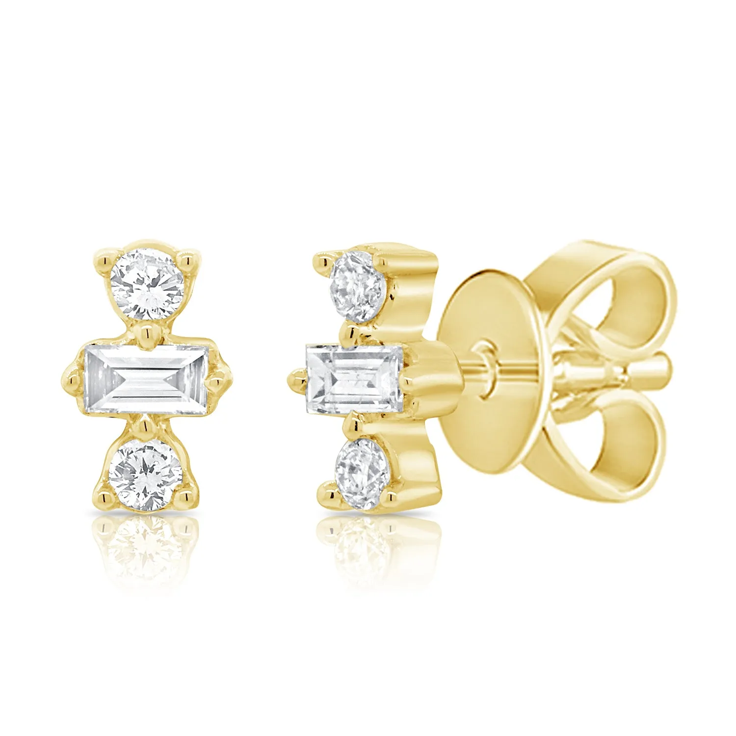 14K Rose Gold Round Baguette Diamond Stud Earrings