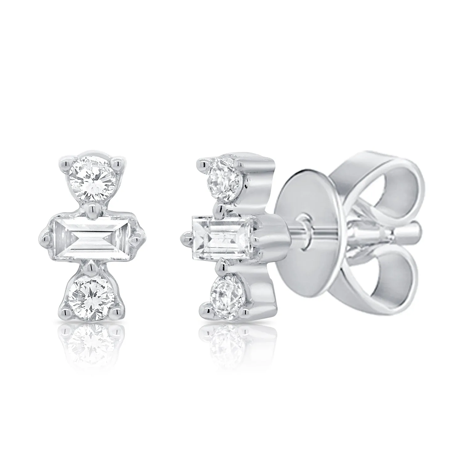 14K Rose Gold Round Baguette Diamond Stud Earrings