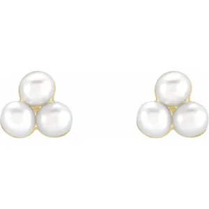 14K Yellow Gold Triple Pearl Cluster Earrings