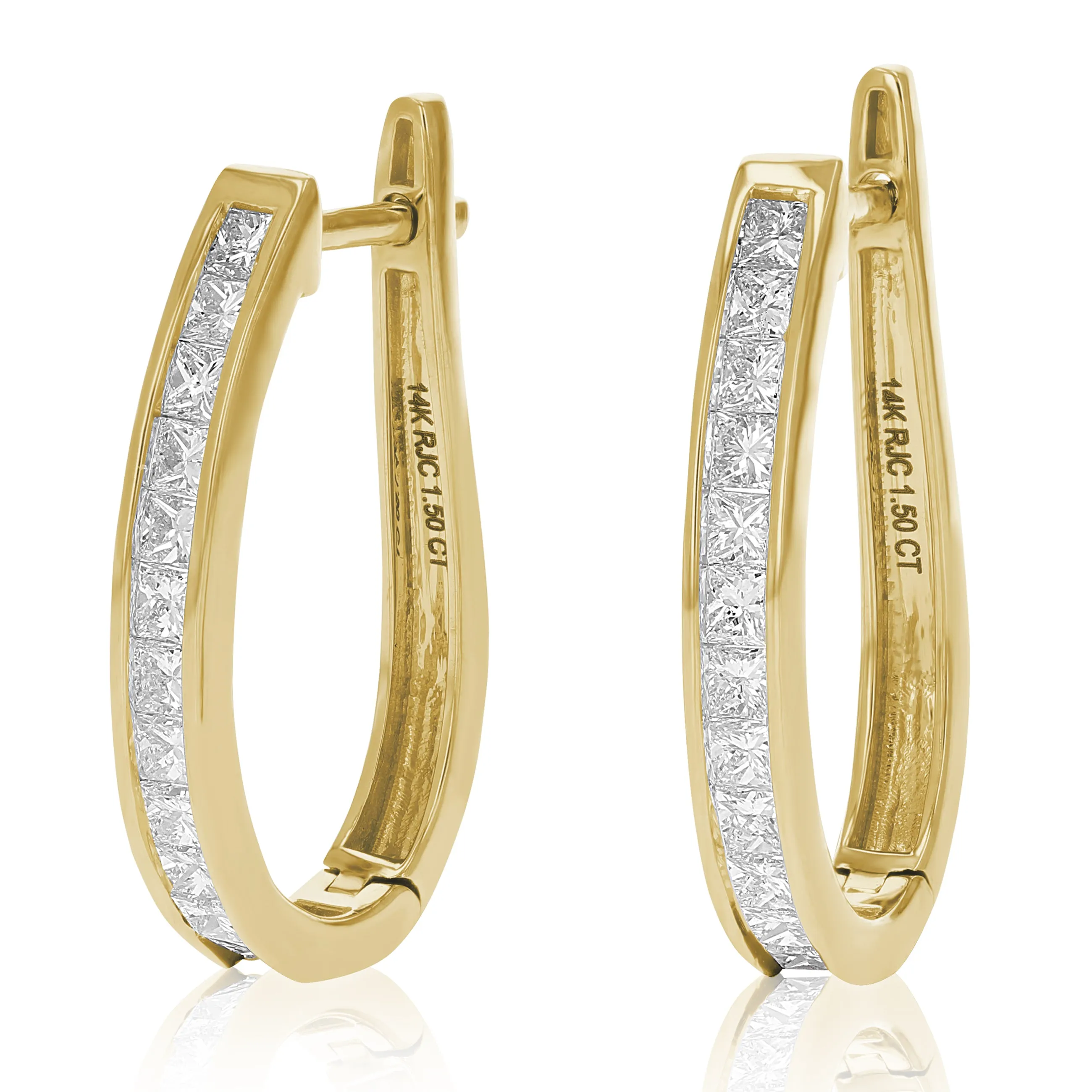 1.50 cttw Princess Cut Diamond Hoop Earrings 14K Yellow Gold Channel Set 1 Inch