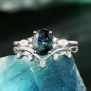1.5ct Oval Green Sapphire Leafy Ring Set 2pcs - Ona