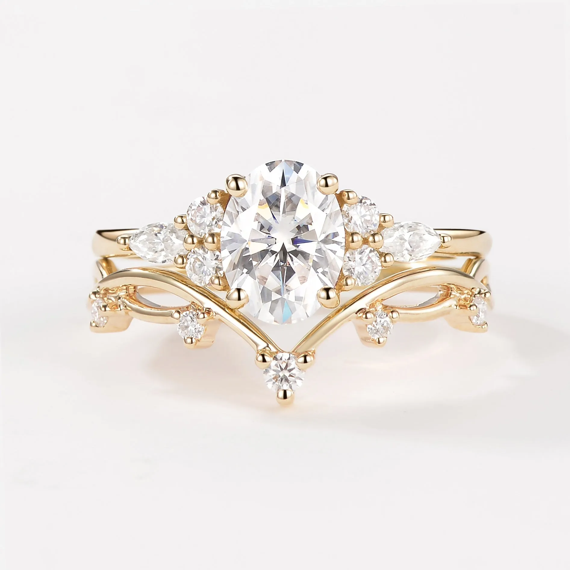 1.5ct Oval Green Sapphire Leafy Ring Set 2pcs - Ona