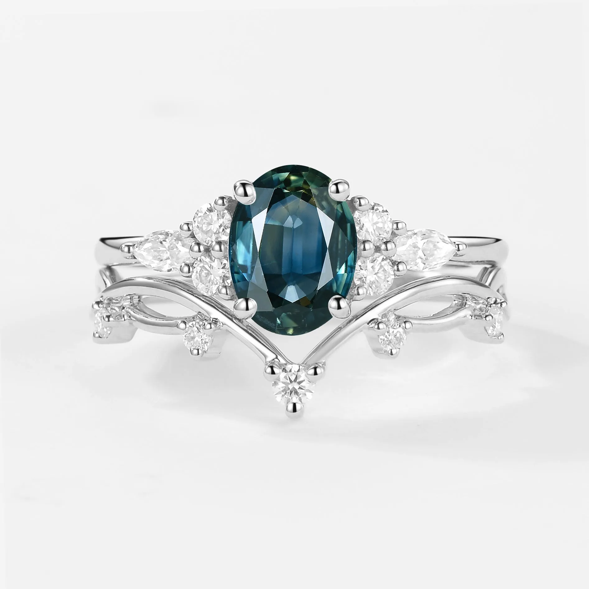 1.5ct Oval Green Sapphire Leafy Ring Set 2pcs - Ona