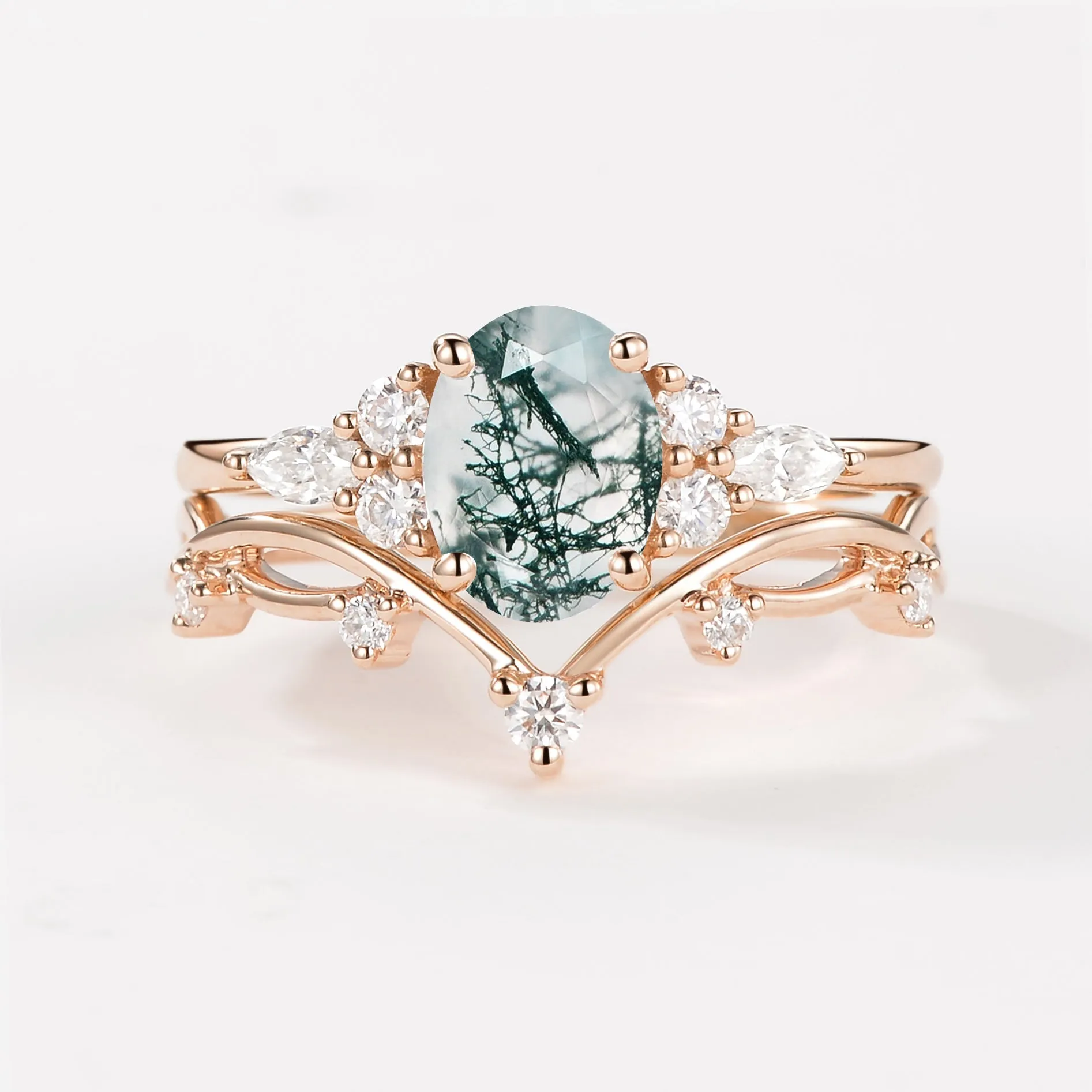 1.5ct Oval Green Sapphire Leafy Ring Set 2pcs - Ona