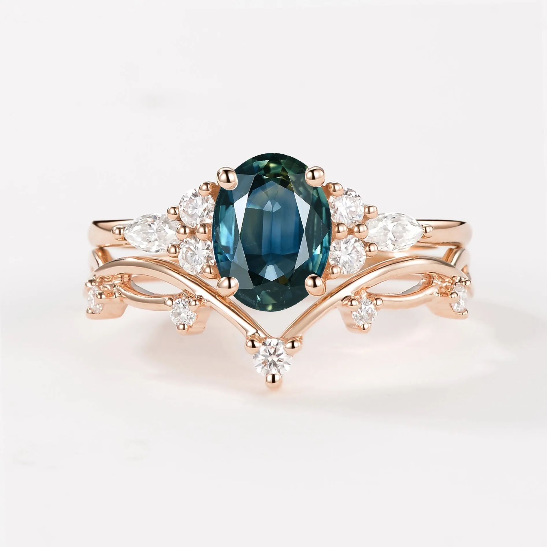 1.5ct Oval Green Sapphire Leafy Ring Set 2pcs - Ona