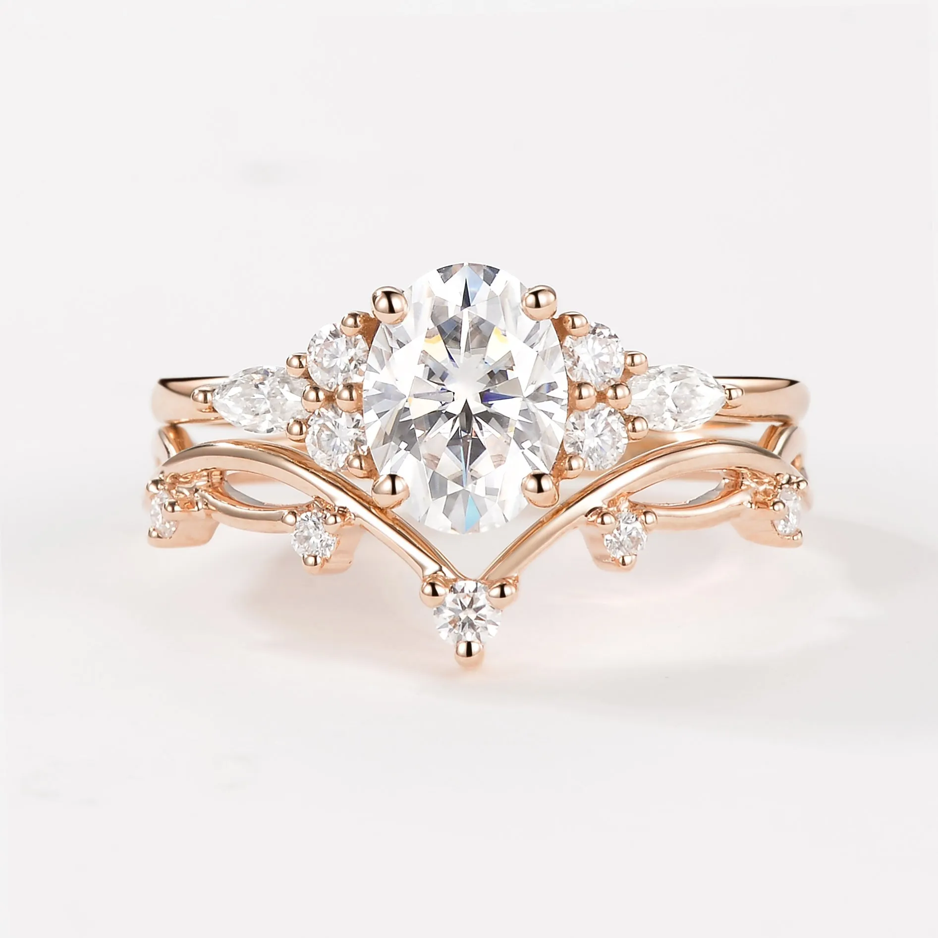 1.5ct Oval Green Sapphire Leafy Ring Set 2pcs - Ona