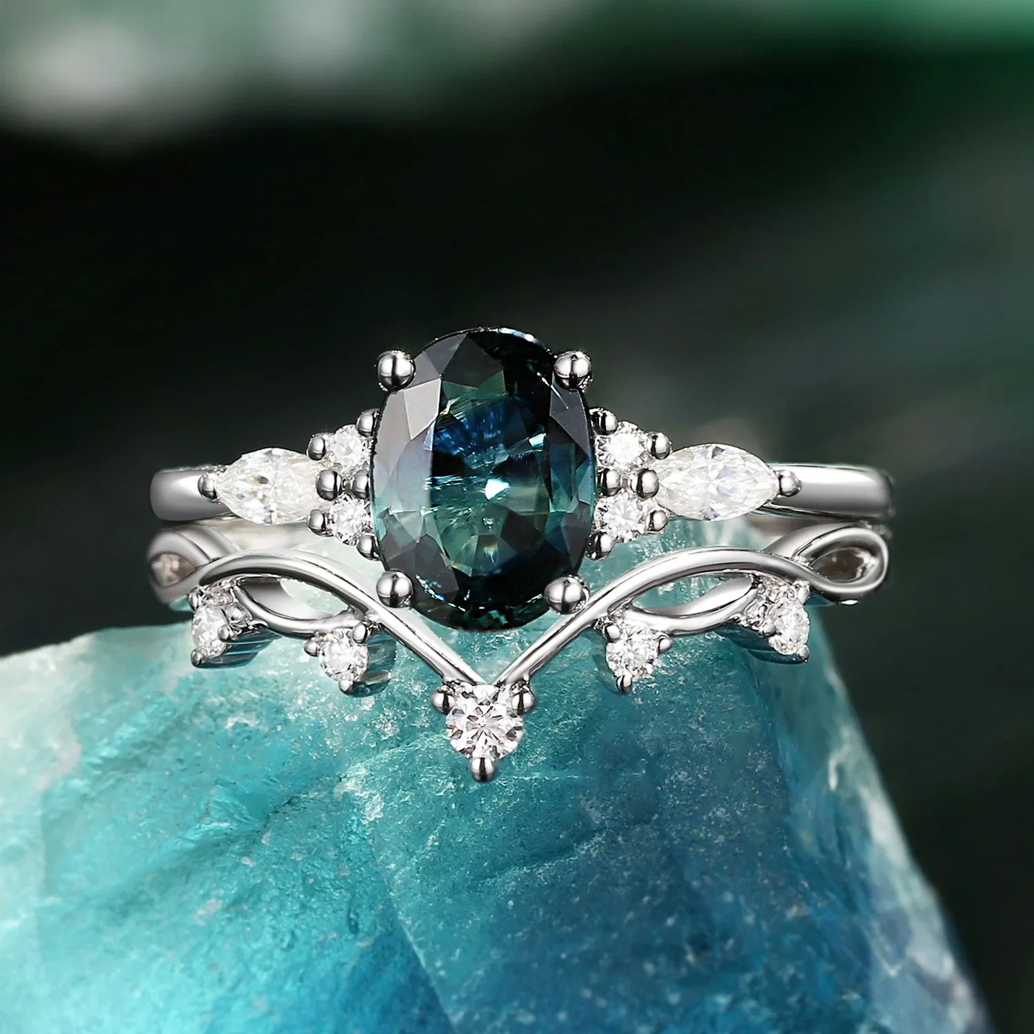 1.5ct Oval Green Sapphire Leafy Ring Set 2pcs - Ona