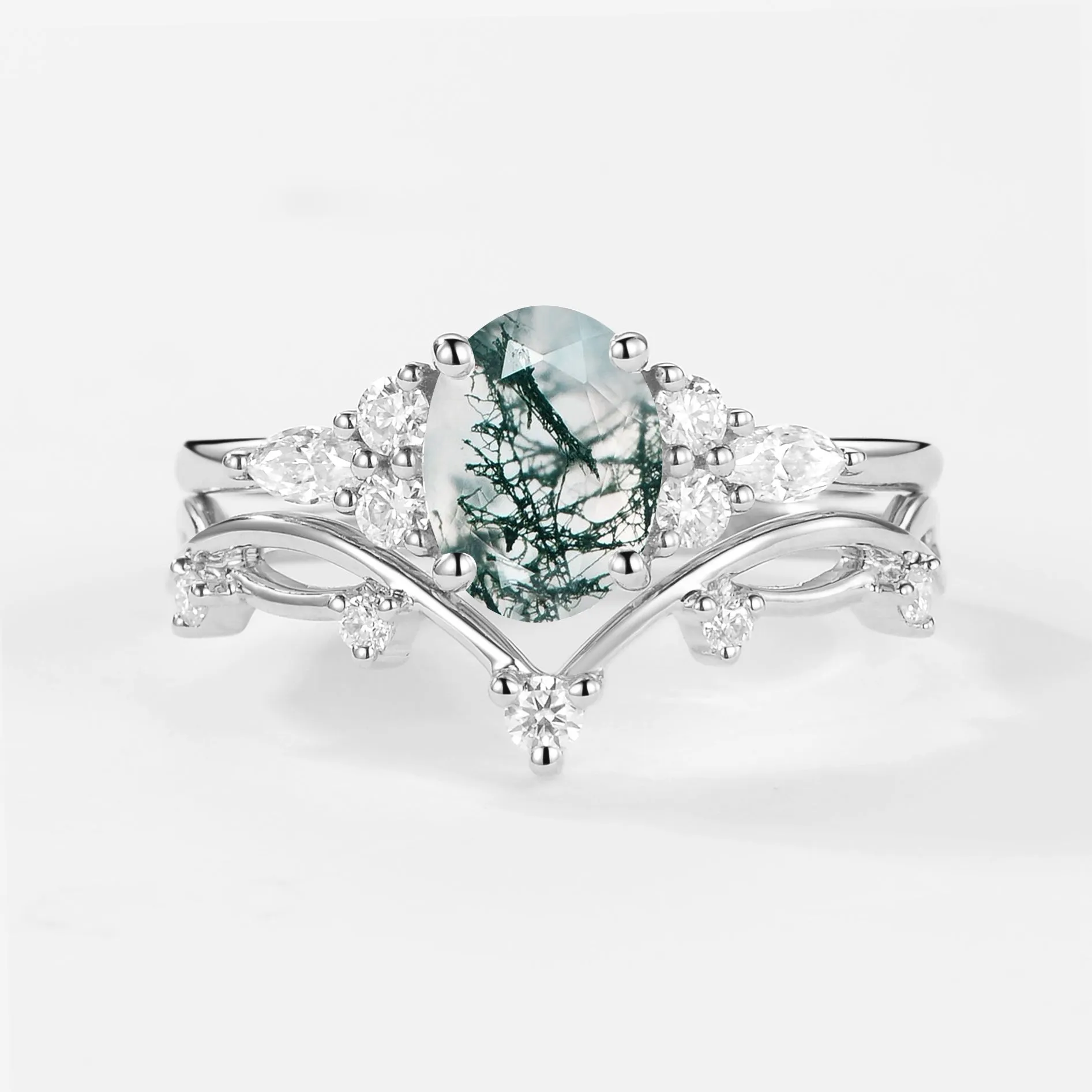 1.5ct Oval Green Sapphire Leafy Ring Set 2pcs - Ona