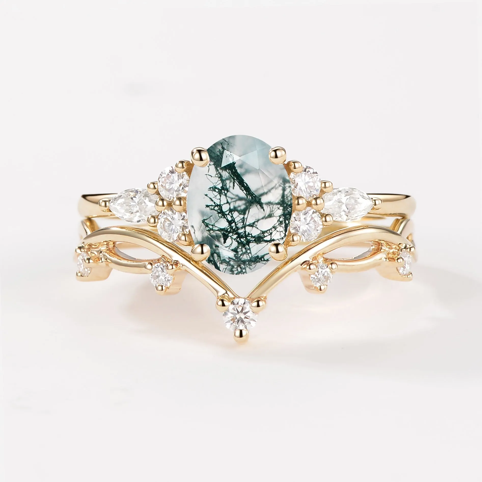1.5ct Oval Green Sapphire Leafy Ring Set 2pcs - Ona