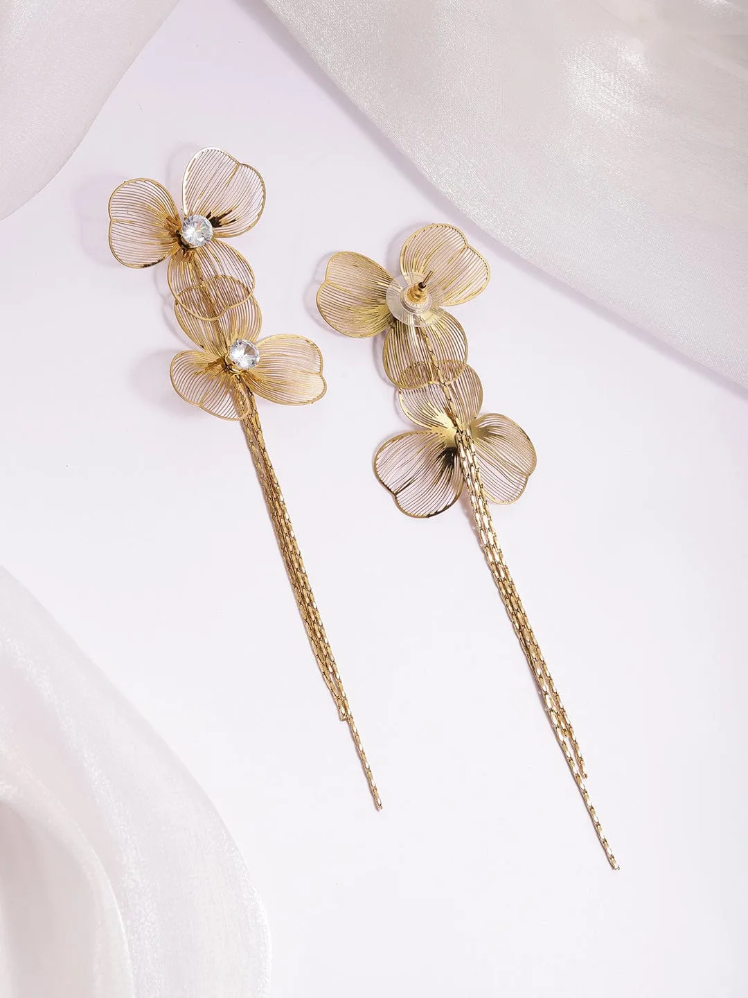 22KT Gold-Plated Stones Studded Floral Drop Earrings