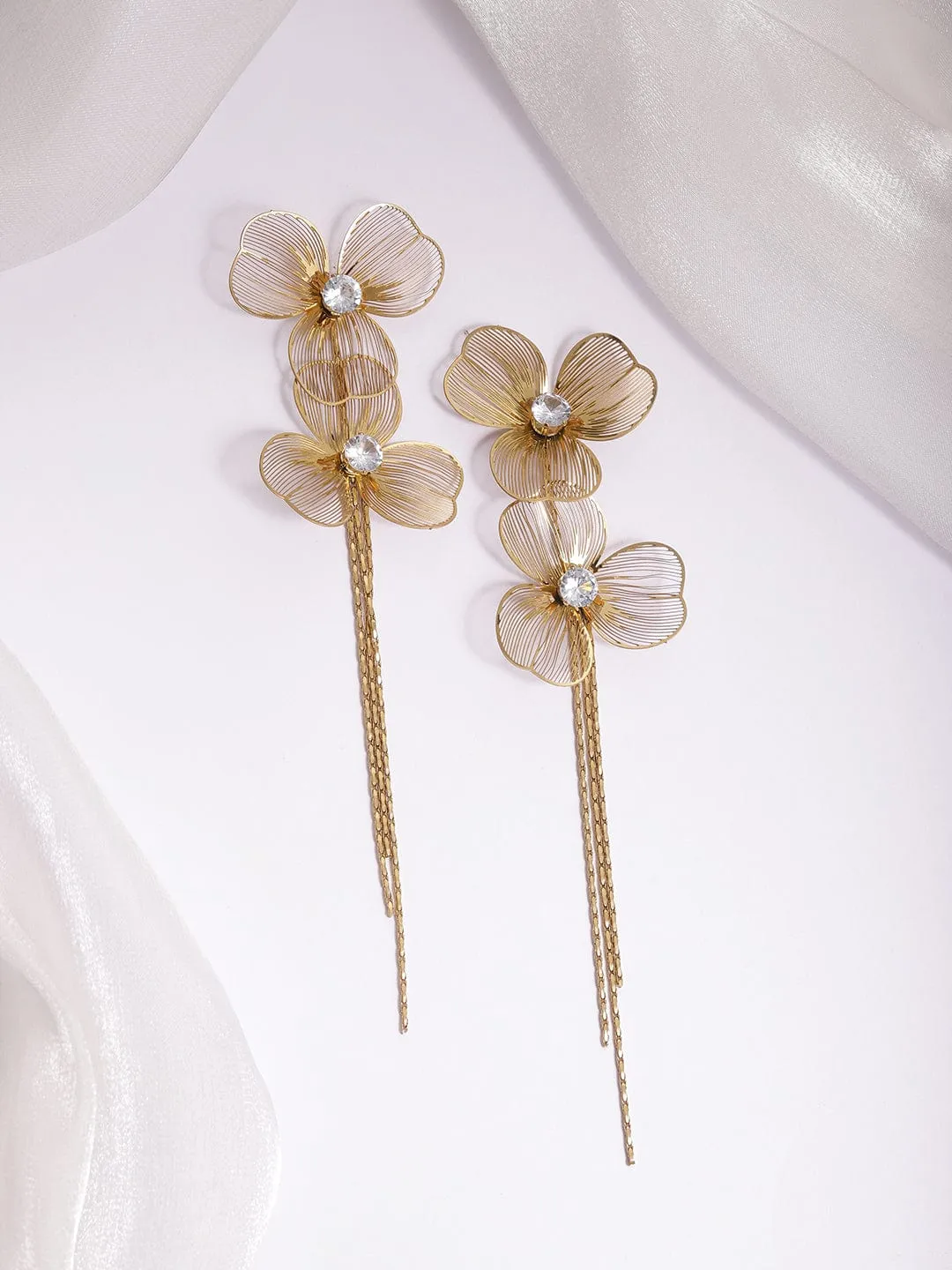 22KT Gold-Plated Stones Studded Floral Drop Earrings