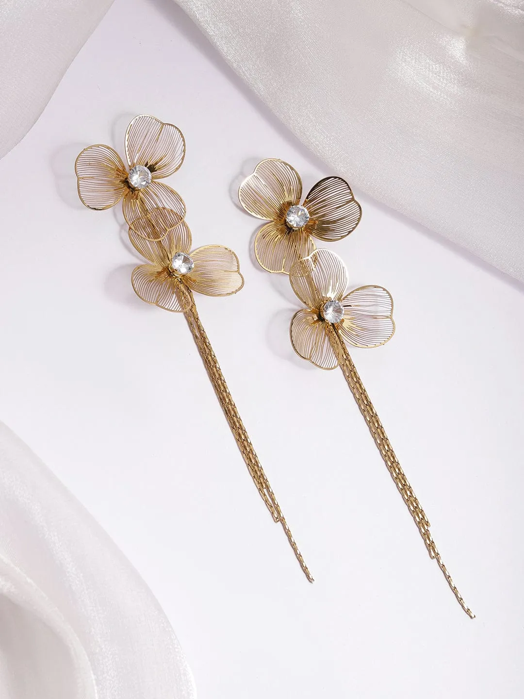 22KT Gold-Plated Stones Studded Floral Drop Earrings