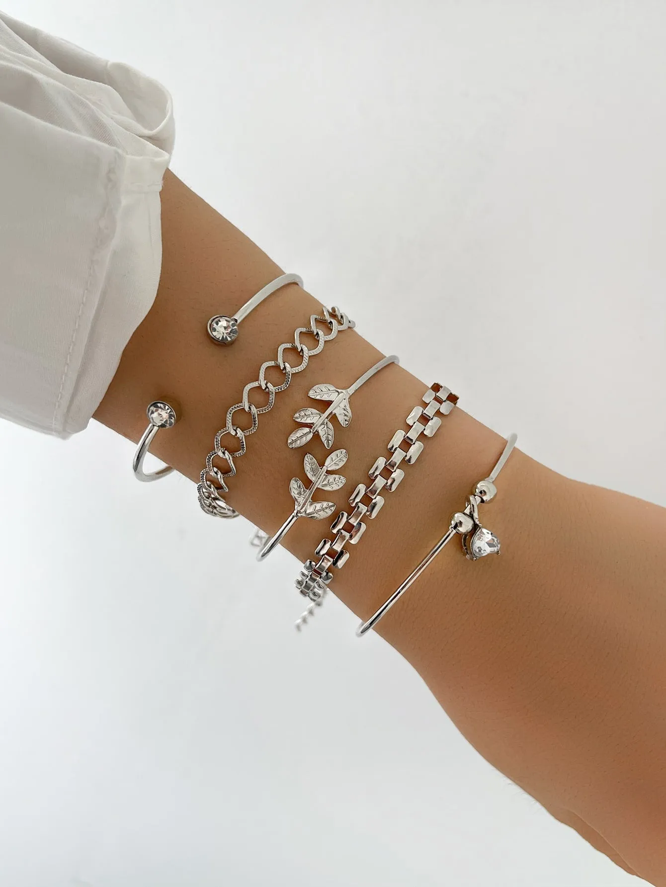5pcs Rhinestone Detail Leaf Design Bracelet