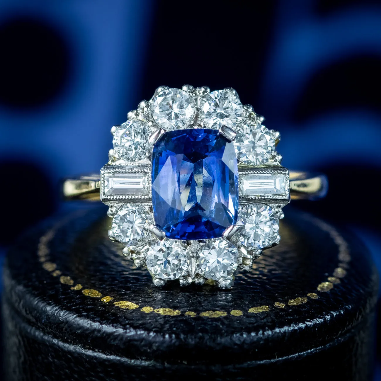 Art Deco Style Sapphire Diamond Cluster Ring 2ct Blue Sapphire