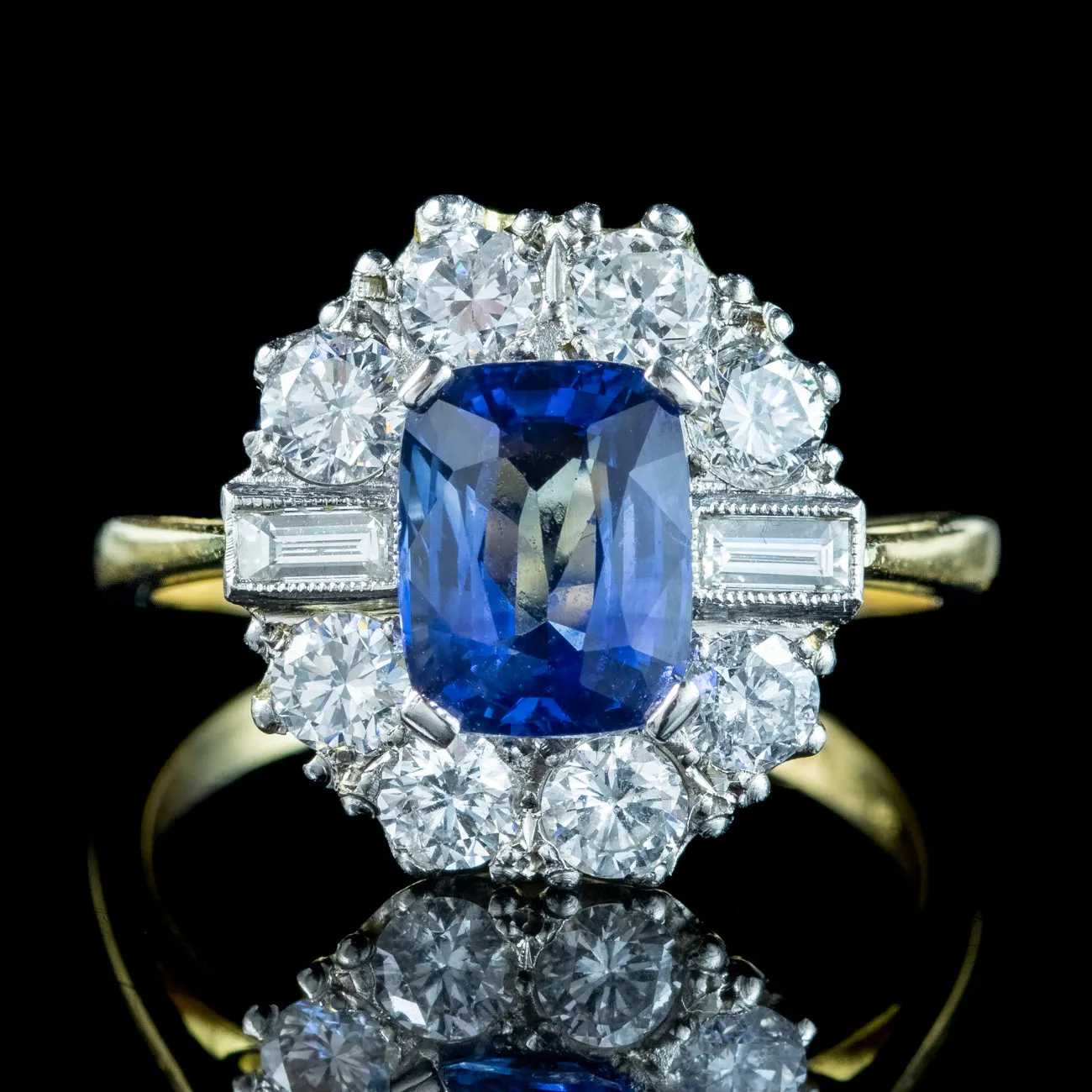 Art Deco Style Sapphire Diamond Cluster Ring 2ct Blue Sapphire