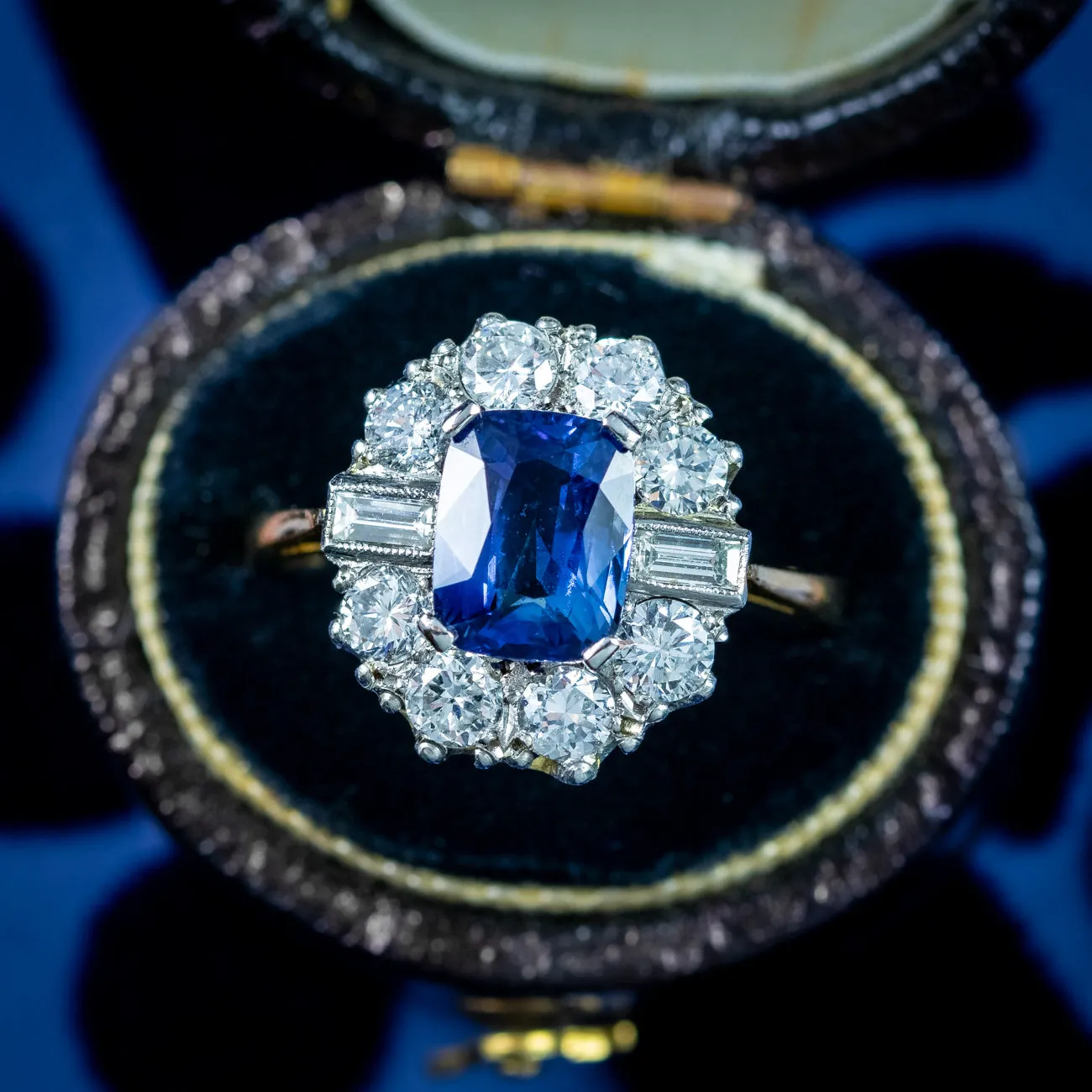Art Deco Style Sapphire Diamond Cluster Ring 2ct Blue Sapphire