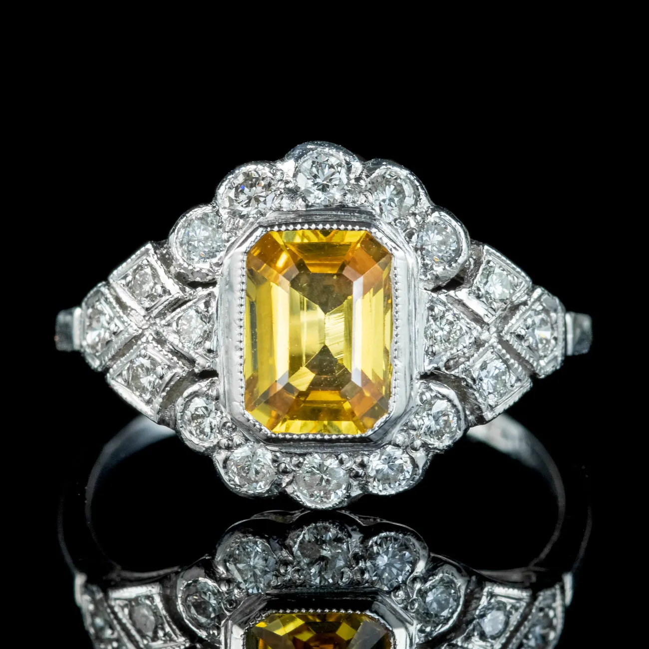 Art Deco Style Yellow Sapphire Diamond Ring 1.2ct Sapphire