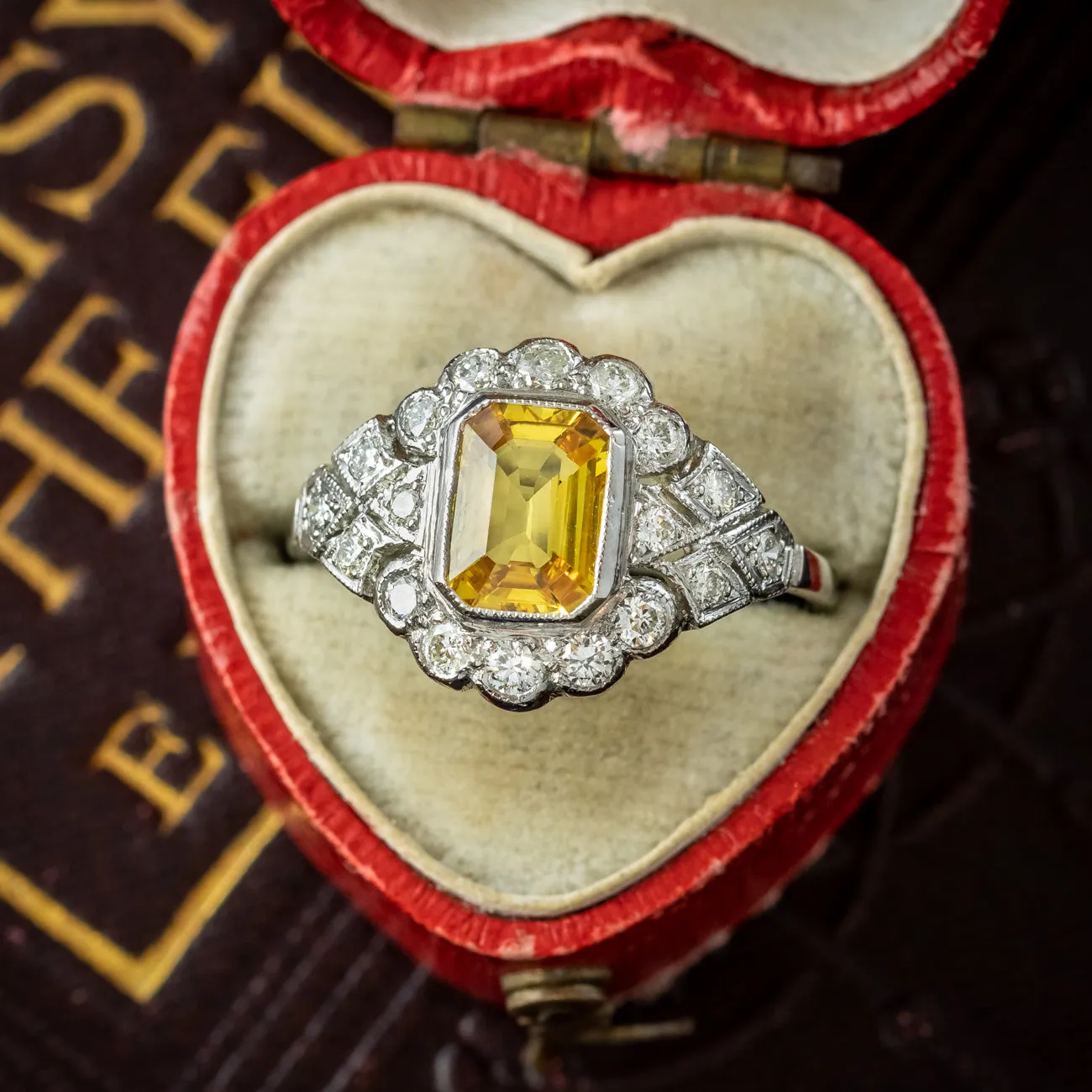 Art Deco Style Yellow Sapphire Diamond Ring 1.2ct Sapphire