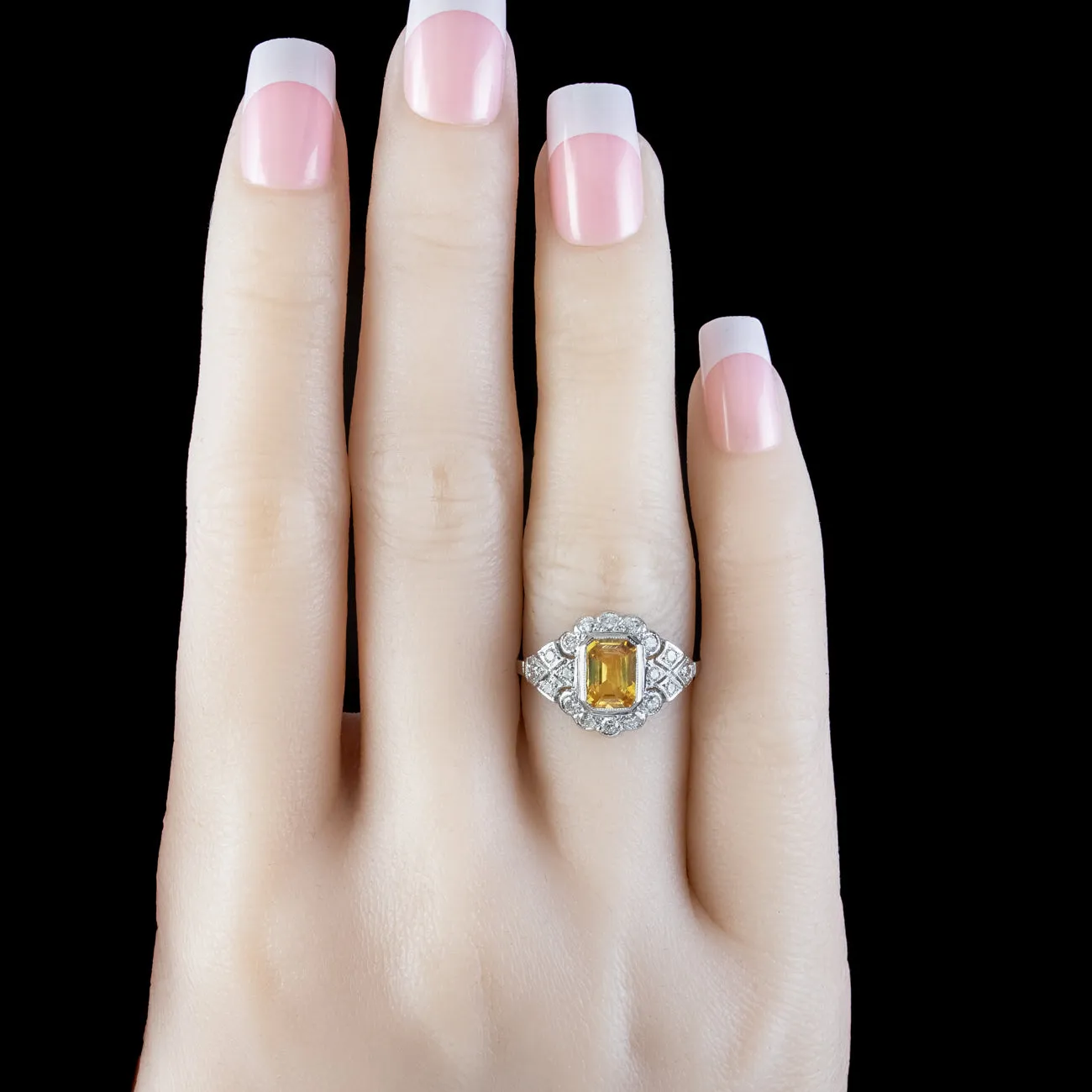 Art Deco Style Yellow Sapphire Diamond Ring 1.2ct Sapphire