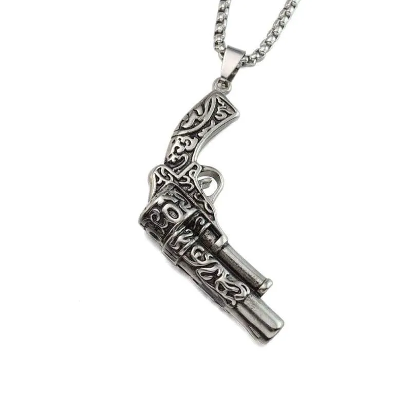 Black Enamel Silver Tone Stainless Steel Gun Pistol Pendant Necklace