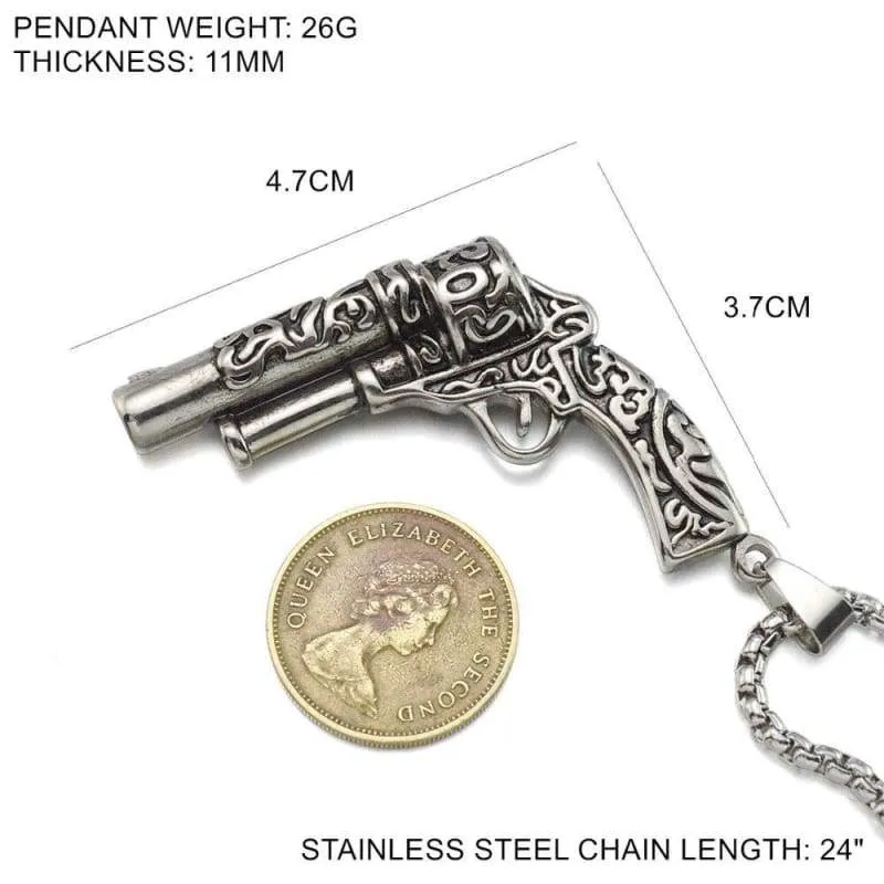 Black Enamel Silver Tone Stainless Steel Gun Pistol Pendant Necklace