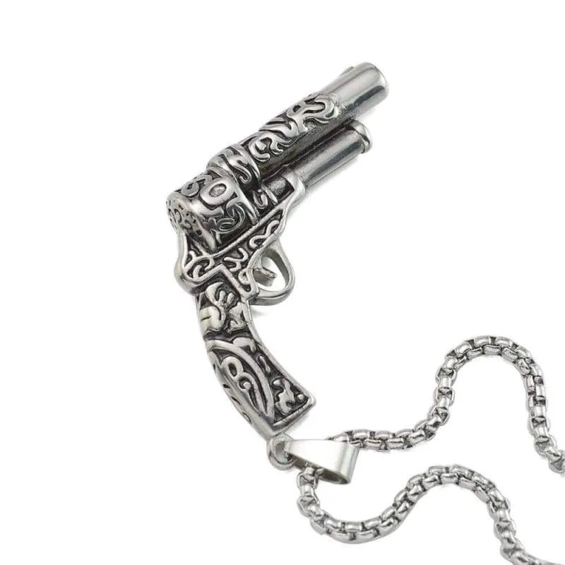 Black Enamel Silver Tone Stainless Steel Gun Pistol Pendant Necklace