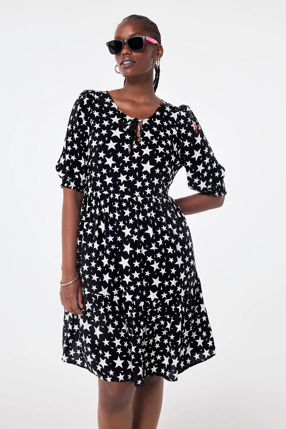 Black with White Star Tie Front Short Dress