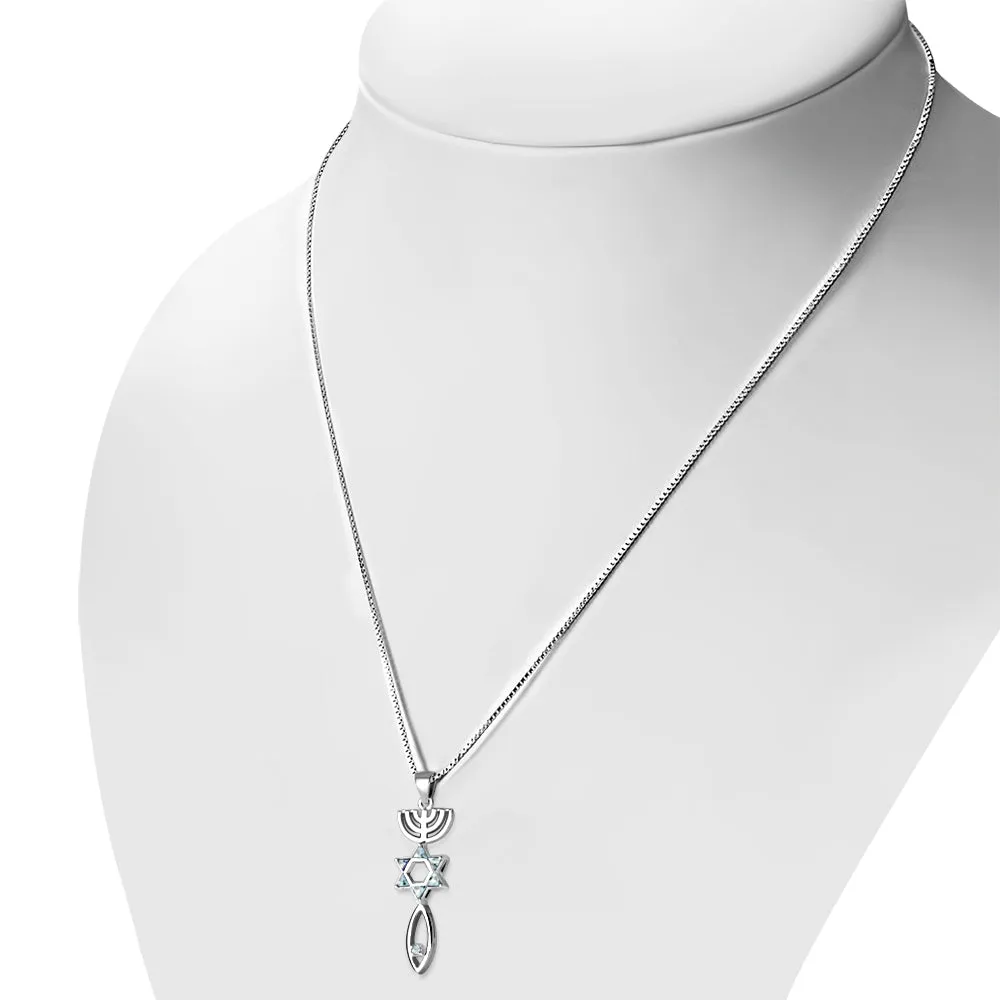 Blue Topaz CZ Messianic Seal of Jerusalem Silver Pendant