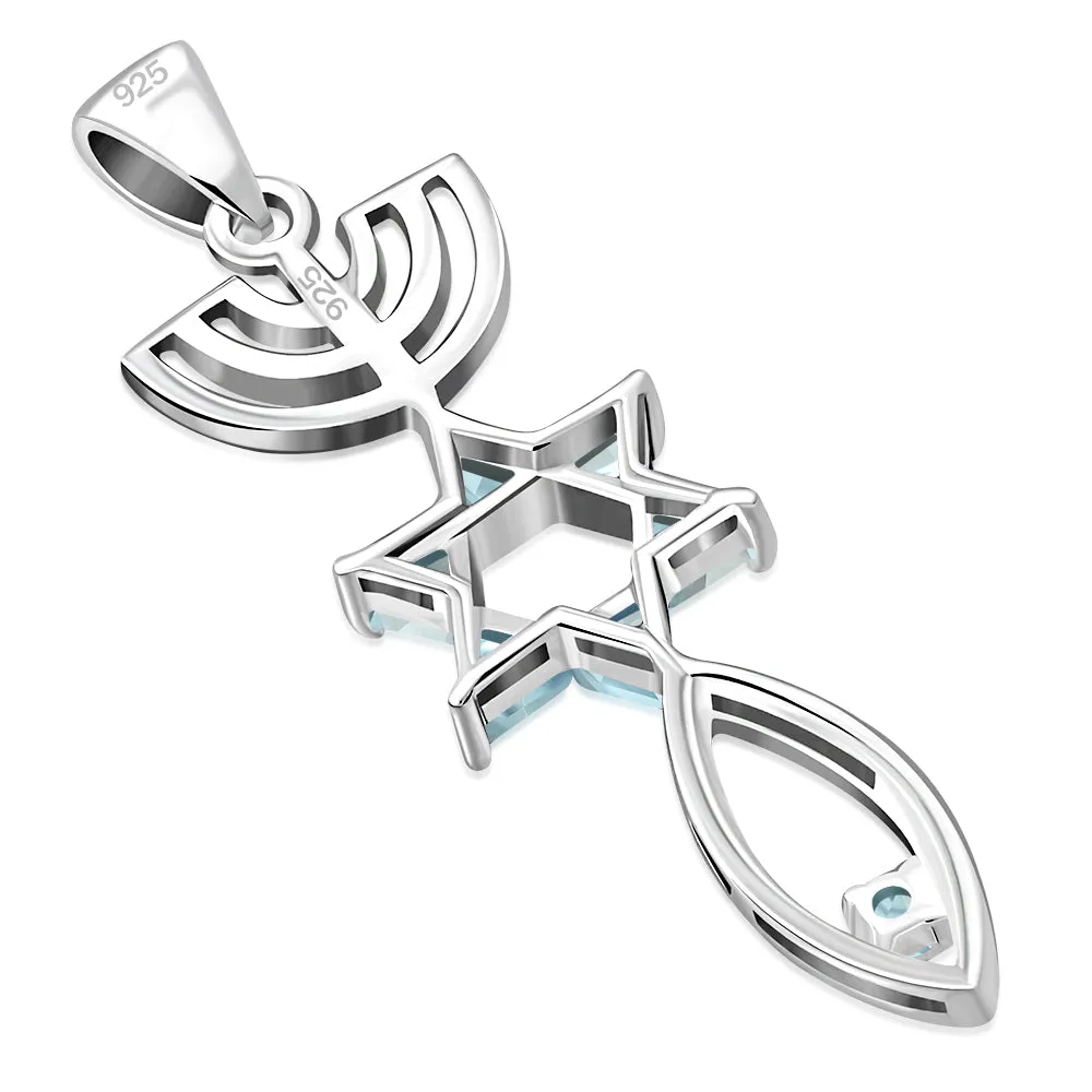 Blue Topaz CZ Messianic Seal of Jerusalem Silver Pendant