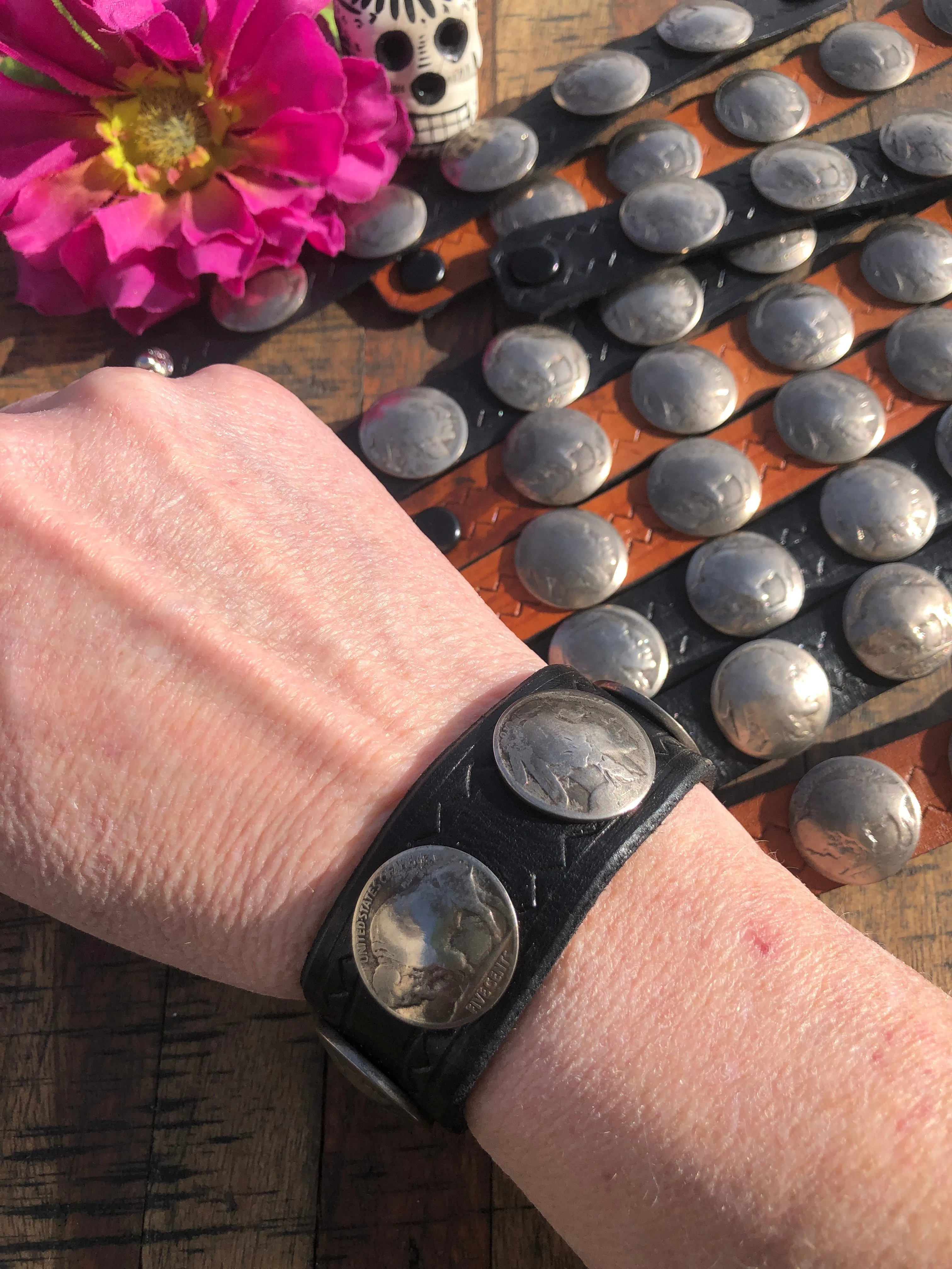 Buffalo Nickel Leather Band/Bracelet- Sz X-Small