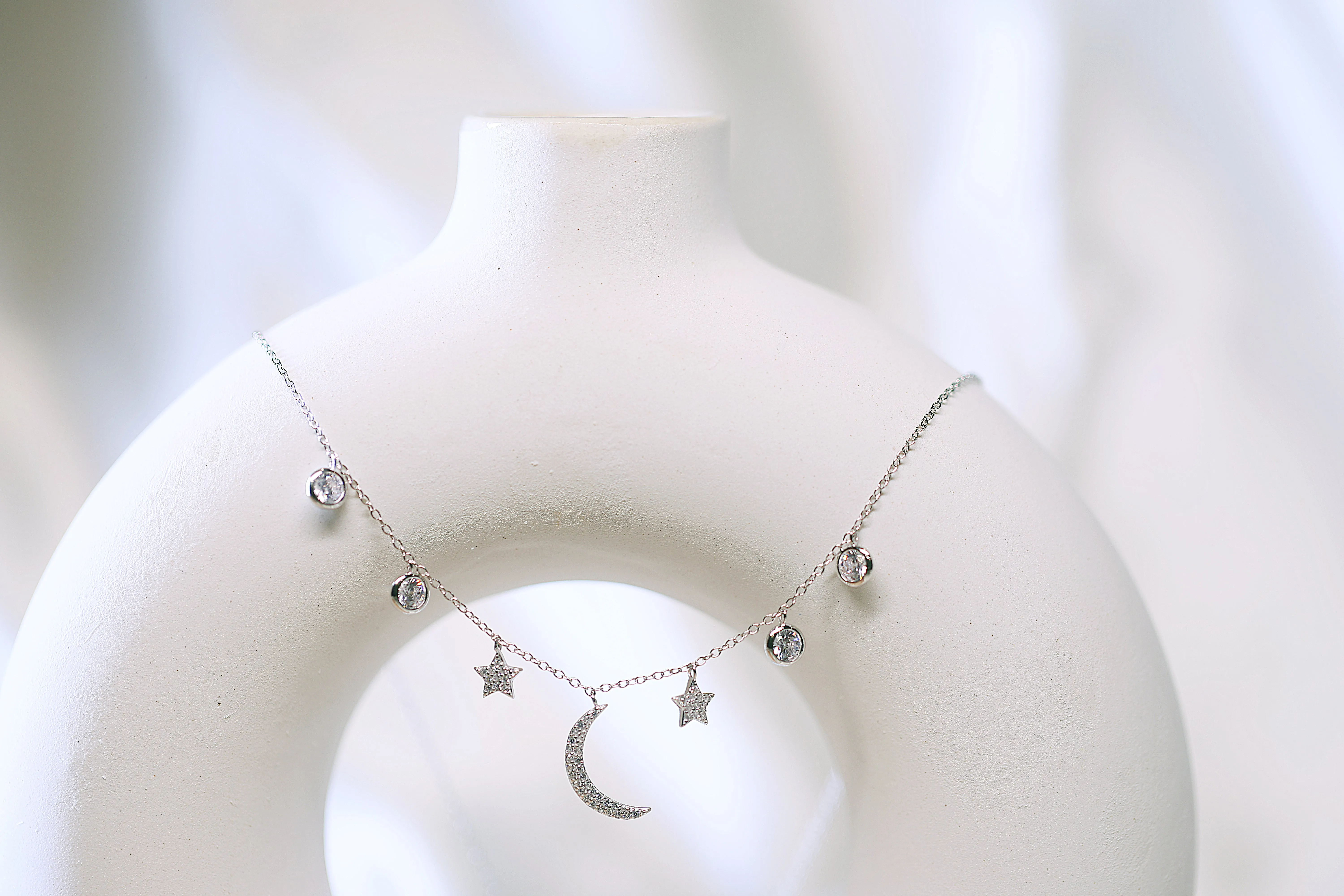 Crescent moon and star silver necklace
