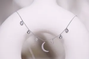 Crescent moon and star silver necklace