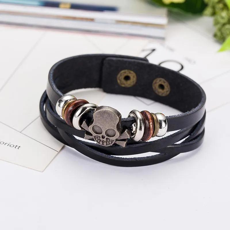 Cráneo Premium Silver &amp Zinc Leather Skull Bracelet