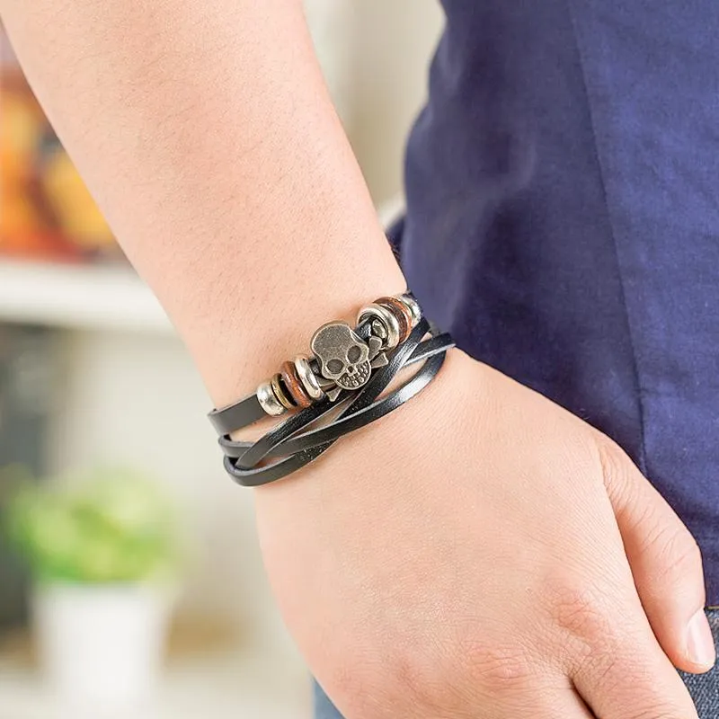 Cráneo Premium Silver &amp Zinc Leather Skull Bracelet