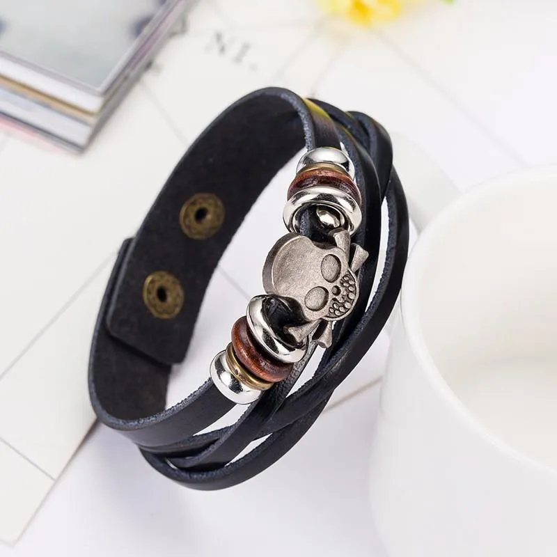 Cráneo Premium Silver &amp Zinc Leather Skull Bracelet