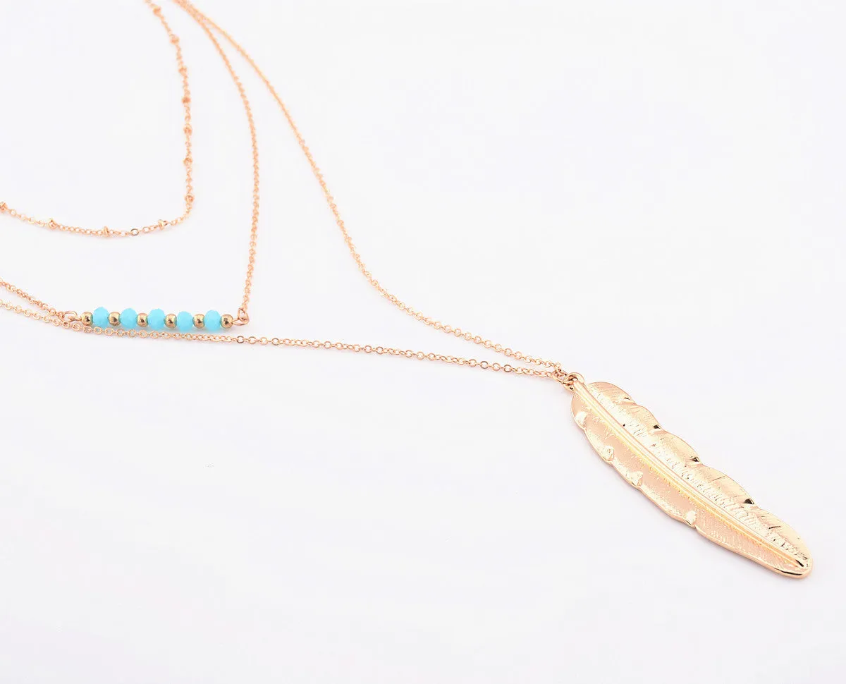 Crystal Beads Metal Feather Tassels Multilayer Necklace