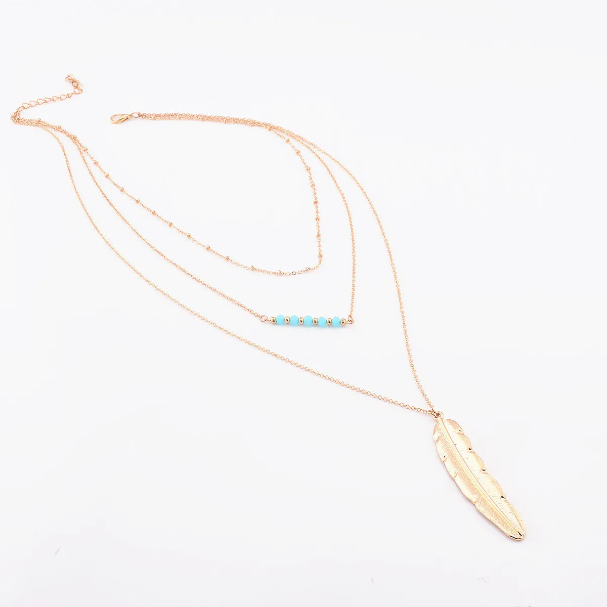 Crystal Beads Metal Feather Tassels Multilayer Necklace