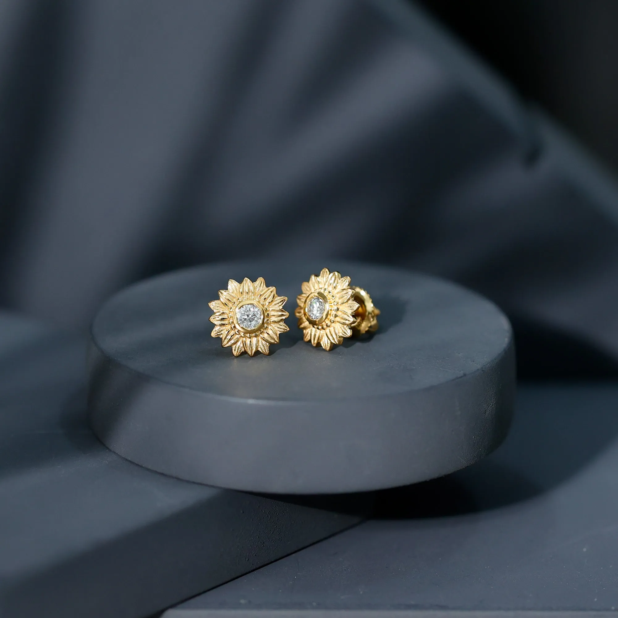 Diamond Gold Sunflower Stud Earrings