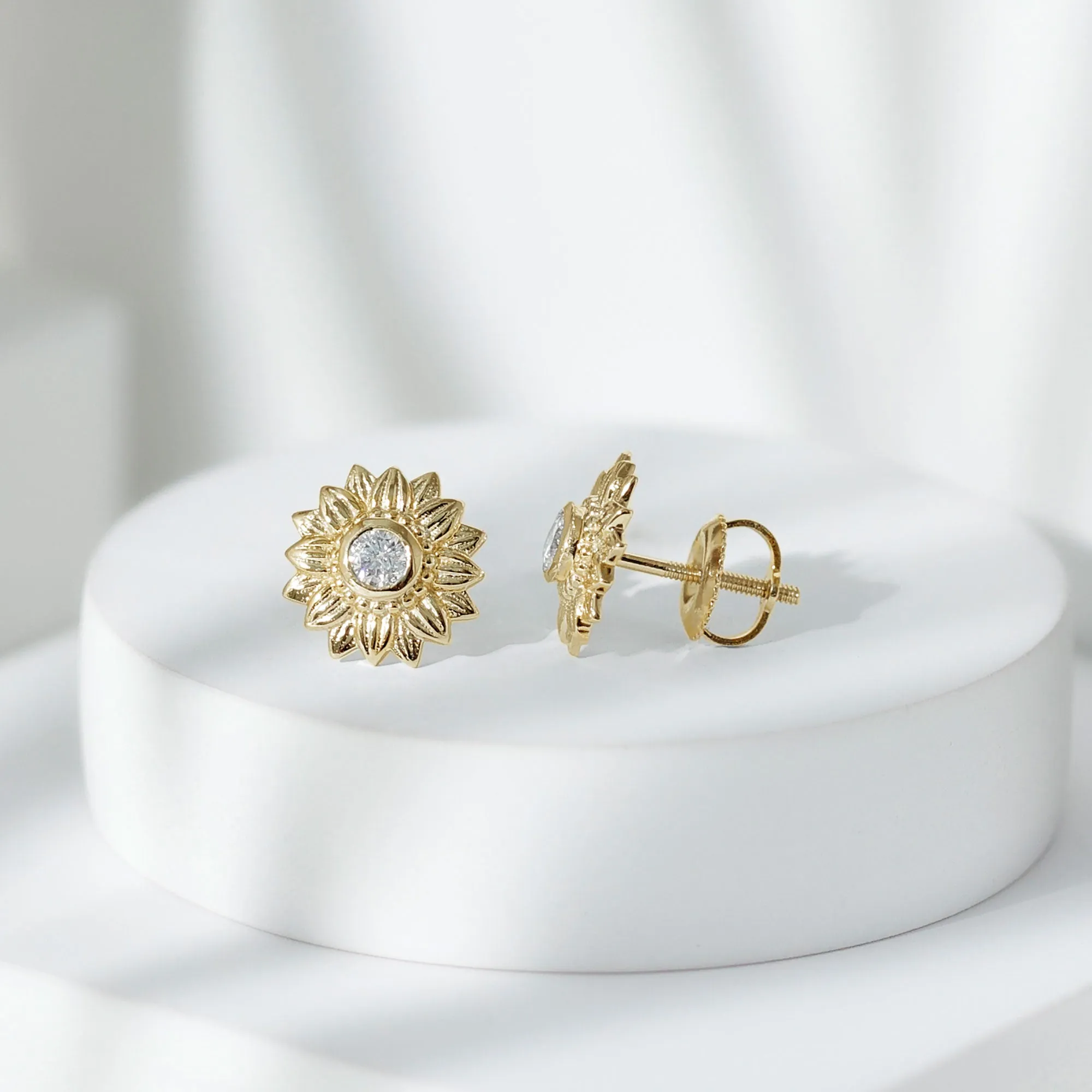 Diamond Gold Sunflower Stud Earrings