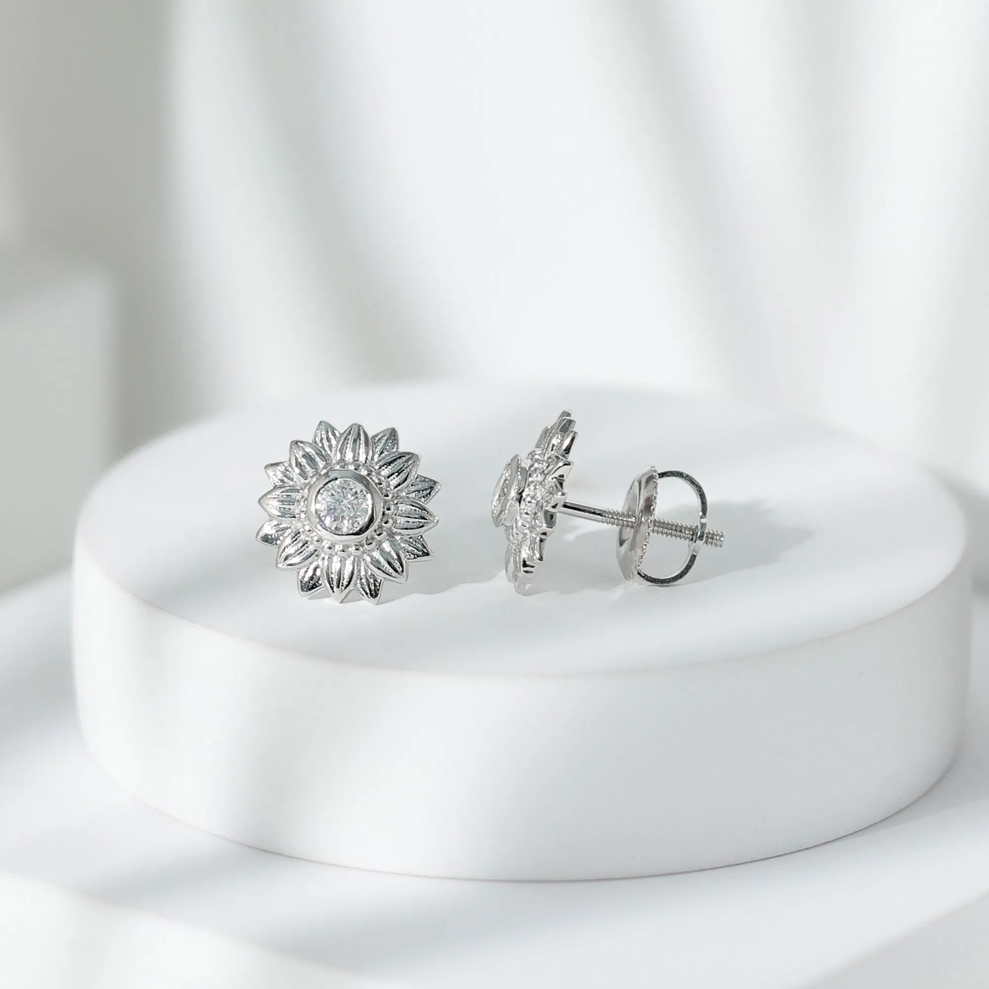 Diamond Gold Sunflower Stud Earrings