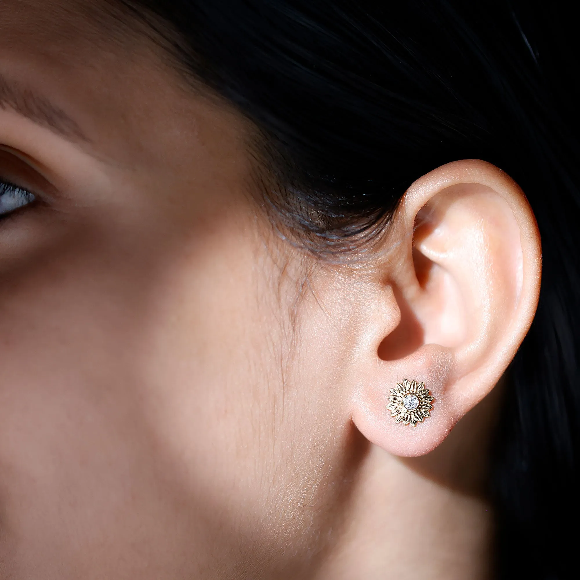 Diamond Gold Sunflower Stud Earrings