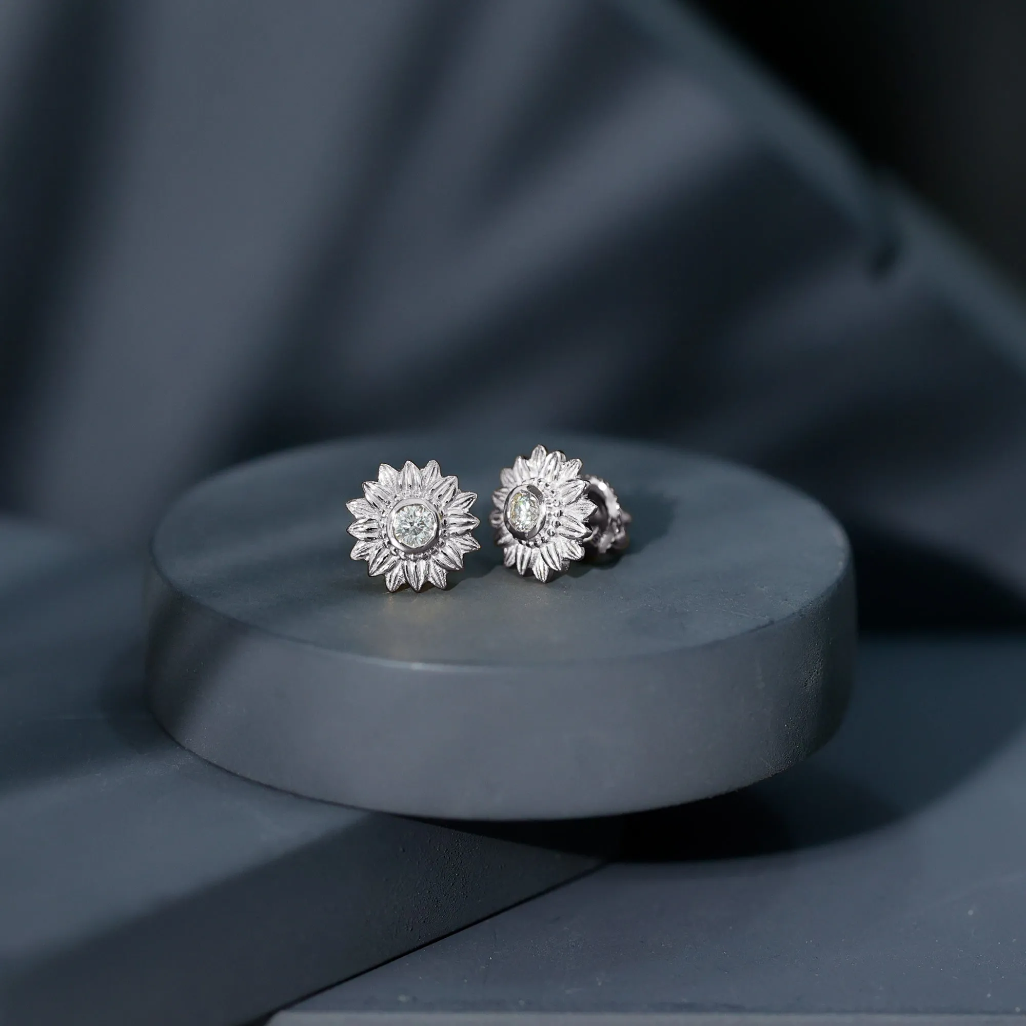 Diamond Gold Sunflower Stud Earrings