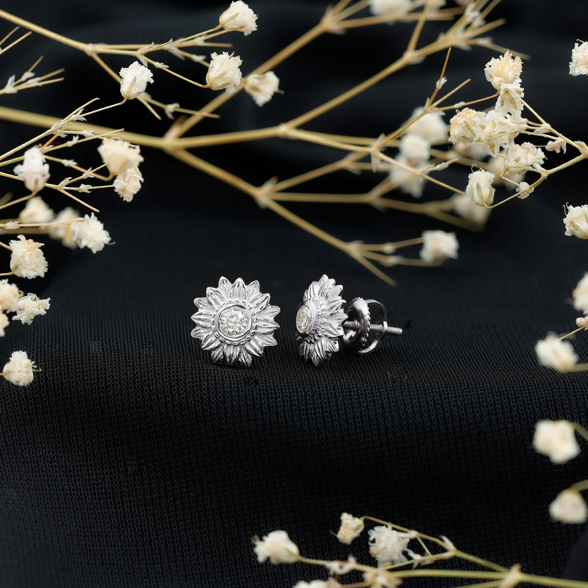 Diamond Gold Sunflower Stud Earrings