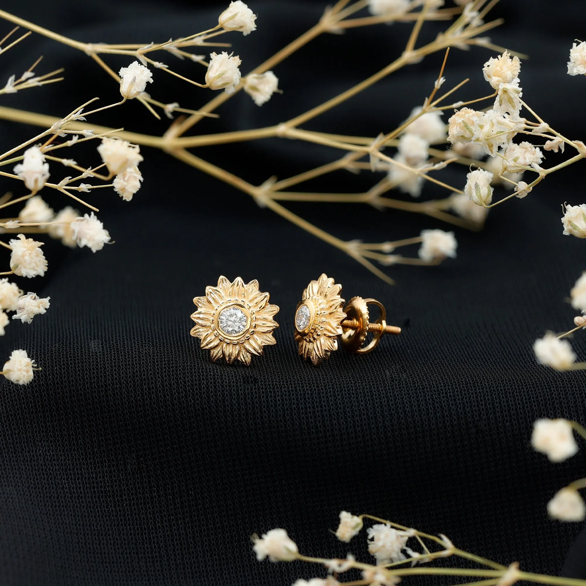 Diamond Gold Sunflower Stud Earrings
