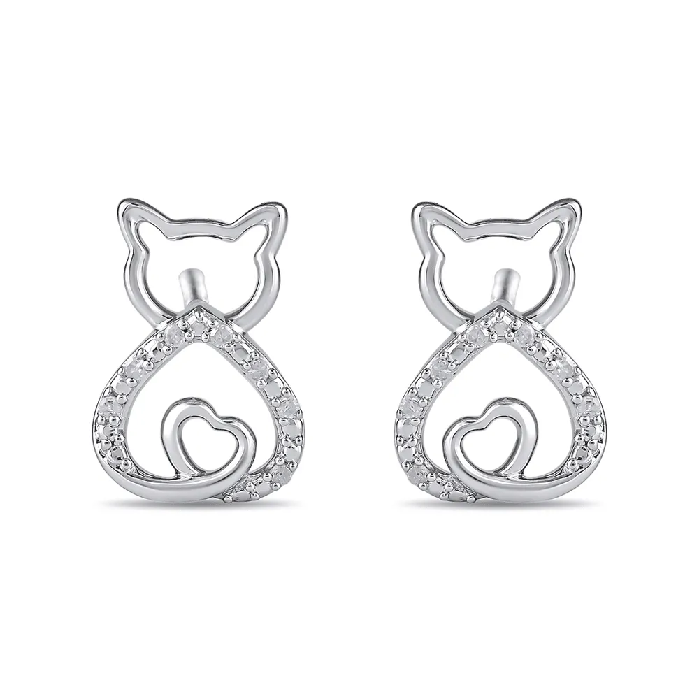 Diamond Set Cat Stud Earrings in Sterling Silver