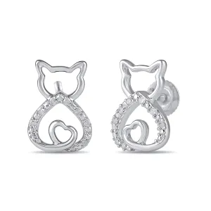 Diamond Set Cat Stud Earrings in Sterling Silver