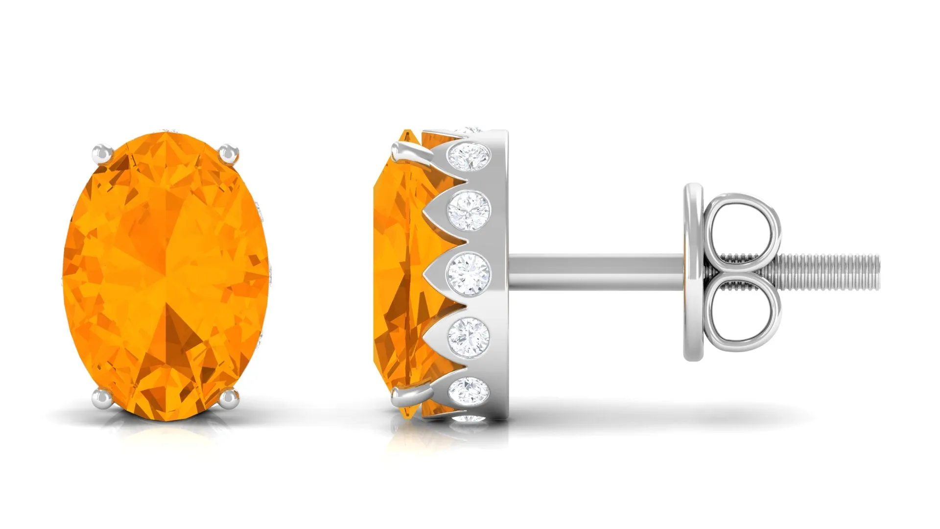 Fire Opal Solitaire Stud Earrings with Diamond