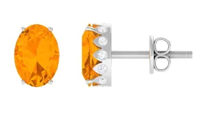 Fire Opal Solitaire Stud Earrings with Diamond